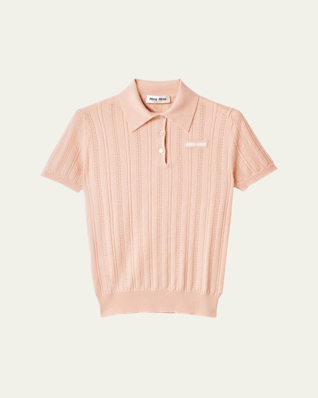 Cashmere Pointelle Cable-Knit Polo